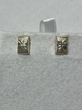 Aarong Sterling Silver Rectangular Stud Earrings Engraved Floral Motif